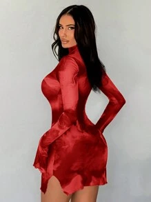 SHEIN SXY Robe de soirée à manches longues pour femmes avec imprimé dégradé noir et vert, maille transparente - Rouge - Voir 2