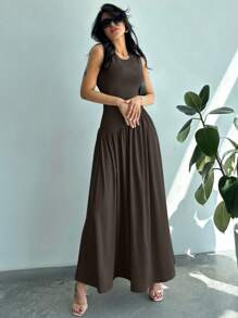 Firerie Women Solid Color Round Neck Ruched Waist Sleeveless Summer Dress,Summer Dresses For Women - Coffee Brown - View 7