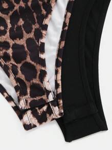 Zolique Women Leopard Print + Solid Color 2pcs/Set Short Sleeve Bodysuit - Black - View 4
