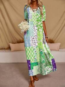 SHEIN LUNE 女式复古风格印花圆领短袖连衣裙