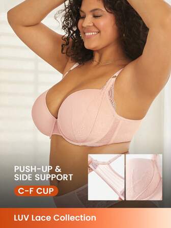 LUVLETTE Plus Pink Sexy Lingerie Full Coverage Push-Up Lace Elegance & Mesh Bra