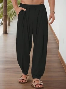 男士纯色口袋褶皱简约休闲长裤，秋季