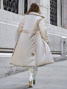 EURMUSE Belt Detail Long Fashionable Elegant Puffy Wrapped Winter Coat - Beige - View 2