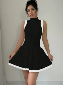 Selianne Robe pull plissée sans manches à blocs de couleur pour femme - Noir - Voir 6