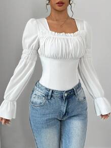 Selianne 女士纯色简约日常喇叭袖方领衬衫、长袖上衣 - 白色 - 查看 5