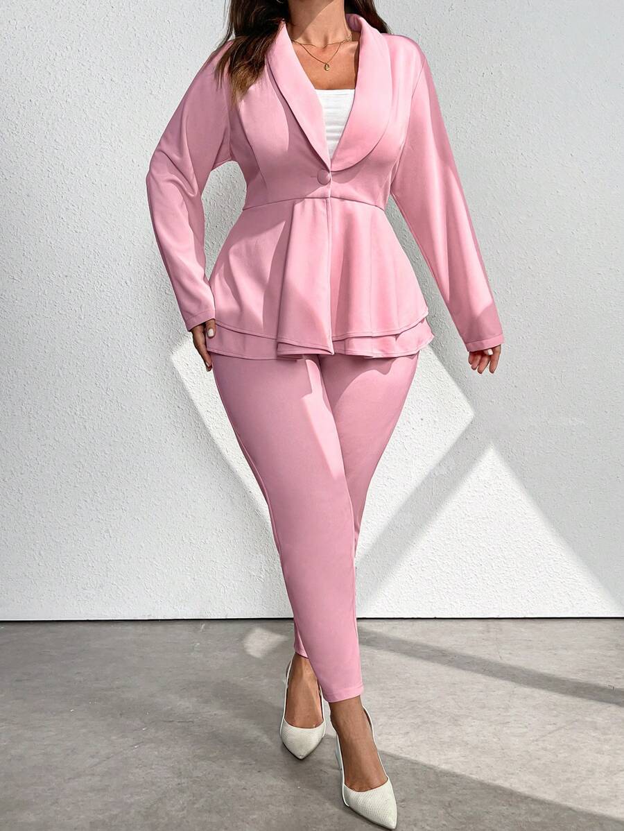 Celure 2 件大码女士翻领腰部收褶双层 A 字形长袖优雅女士套装 - 淺粉色 - 查看 1