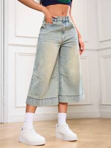 SHEIN EZwear Jeans de mezclilla de pierna ancha y lavados de 3/4 para mujer, de estilo casual de verano - Lavado ligero - Ver 1