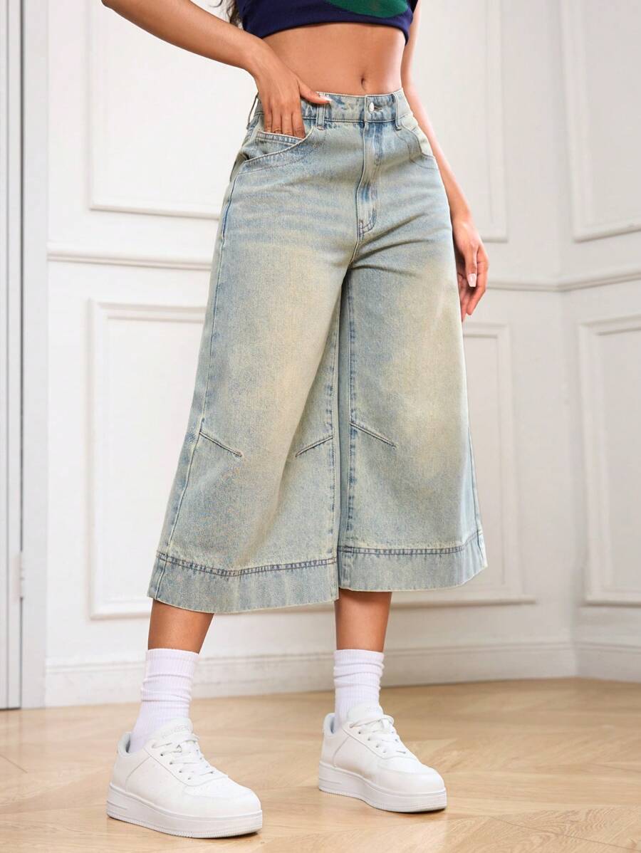 SHEIN EZwear Jeans de mezclilla de pierna ancha y lavados de 3/4 para mujer, de estilo casual de verano - Lavado ligero - Ver 1