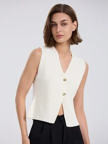Basic Sleeveless Top With Button Front, Casual Daily Wear - White - View 3