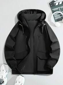 Manfinity Roghcode Men's Solid Color Hooded Zipper Casual Long Sleeve Jacket - Black - View 1