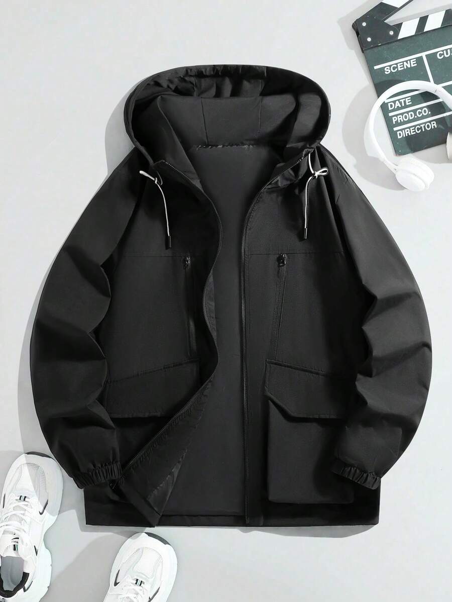 Manfinity Roghcode Men's Solid Color Hooded Zipper Casual Long Sleeve Jacket - Black - View 1