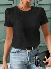 SHEIN Frenchy Solid Eyelet Embroidery Round Neck White Tee Commute Minimalist Office Old Money  Simple  Commute Minimalist Office Old Money  Simple Black