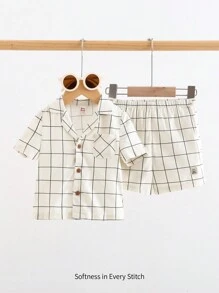 Cozy Pixies Set 2 chiếc áo sơ mi kẻ sọc và quần short cho bé trai - Màu be - Xem 3