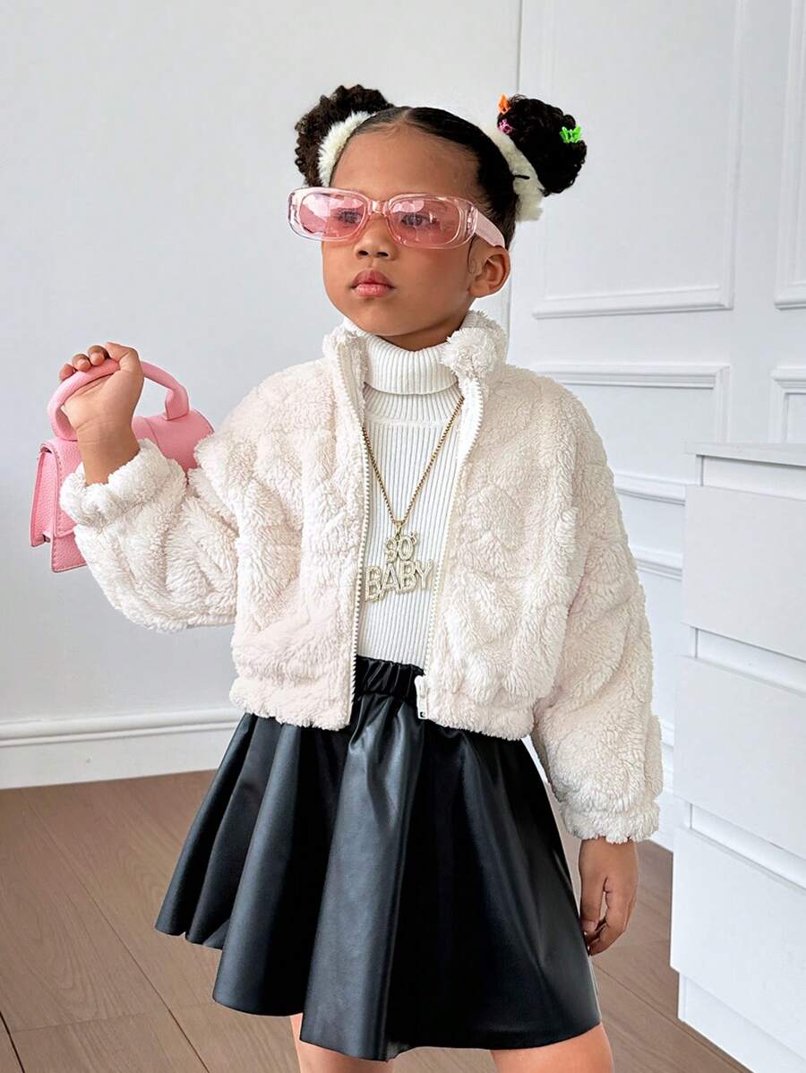 SHEIN 女小童拉鏈開襟毛茸茸外套 - 彩色 - 查看 1