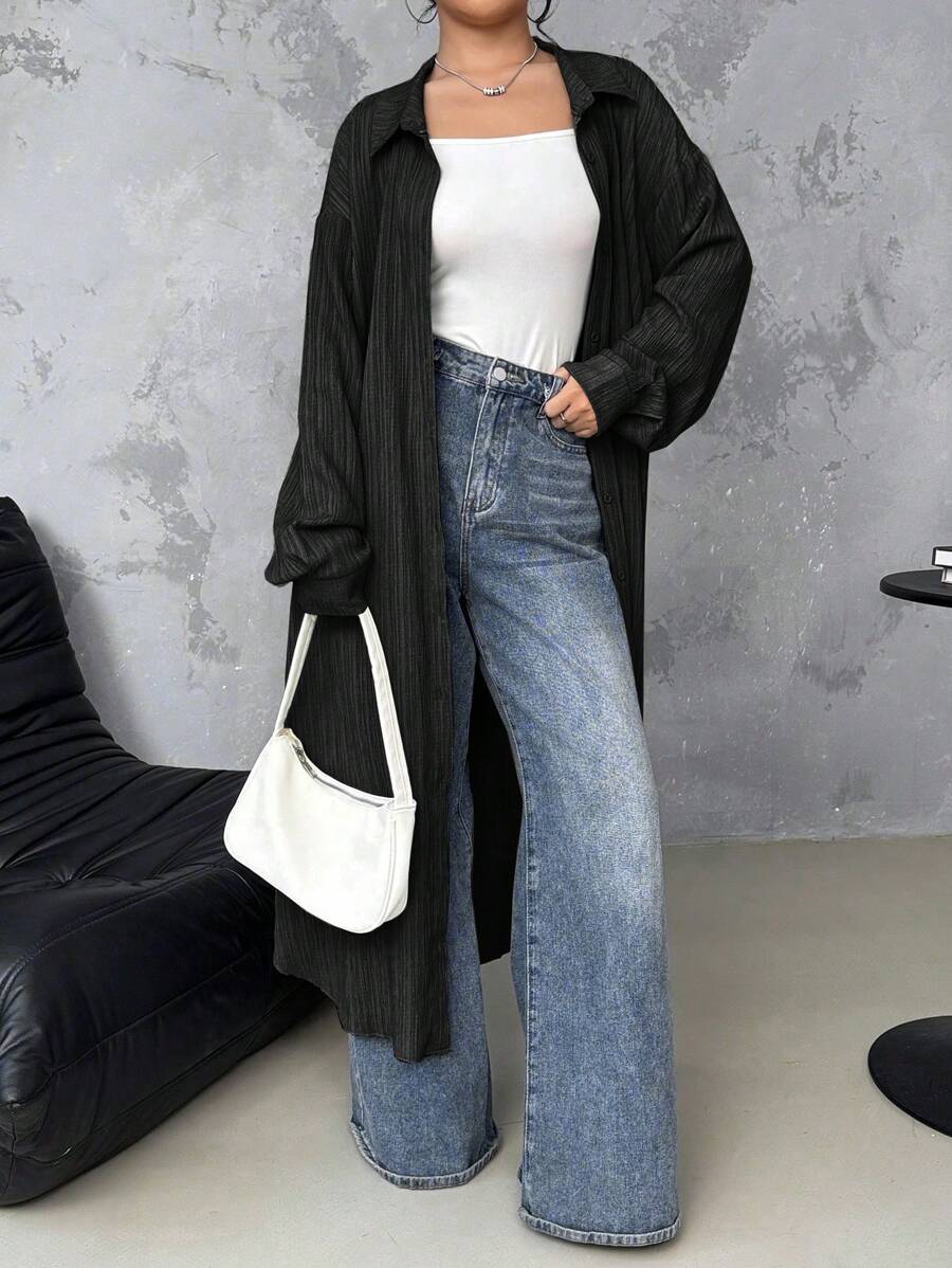 SHEIN LUNE 长款纹理休闲工作衬衫、长袖上衣 - 黑色 - 查看 1