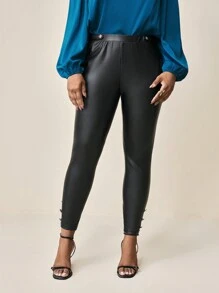 BizChic Plus Size Women's Solid Color PU Leather Button Decor Leggings - Black - View 8