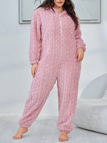 Macacão de Dormir Acolchoado com Capuz em Jacquard Plus Size, para Outono e Inverno, Fofo e Confortável