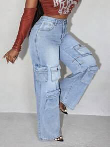Slaydiva Solid Color Pocket Button Casual Wide Leg Jeans