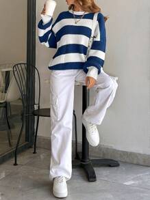 EURMUSE Women Stripe Pattern Round Neck Drop Shoulder Pullover - Multicolor - View 4