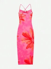 Soleia Women Casual Vacation Cross Strap Swing Neckline, Ombre Floral Print, Bodycon Slit Dress,Summer Dresses For Women - Hot Pink - View 2