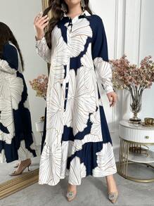 Al Najma Váy dài tay xếp nếp in hoa ngẫu nhiên cỡ lớn, váy dài maxi thanh lịch cỡ lớn cho trang phục thường ngày/du lịch/ngày lễ/nghỉ mát/mặc ở nhà - Màu xanh hải quân - Xem 6