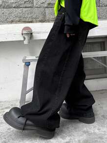 DAZY Jeans amples à poches de couleur unie à jambes larges pour hommes, automne, vêtements de rentrée scolaire, grunge - Noir - Voir 2