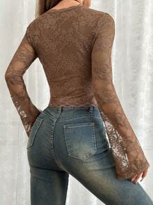 SHEIN EZwear 女式 V 领修身复古蕾丝喇叭袖 T 恤，春夏 - 棕色 - 查看 2