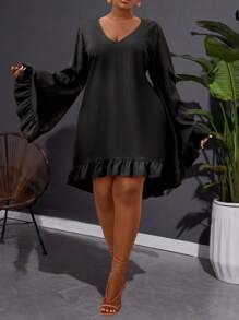 Maweii 大码女式 V 领荷叶边拼接喇叭袖宽松连衣裙，春夏 - 黑色 - 查看 1