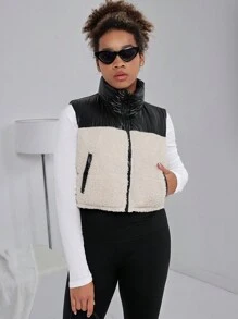 Teens/Girls Casual Streetwear Chic Reversible Fleece Vest Padded Coat - Black - View 7