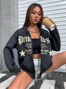 StreetHx Star & Slogan Graphic Drop Shoulder Drawstring Zipper Hoodie,Long Sleeve Tops Graduation,Back To School Outfits,Graduation,Teacher Outfits For Women,Back To School Pullover Fall Outfit - Grey - View 6