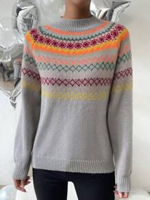 SHEIN LUNE Women's Fall Retro Style Geo Pattern Long Sleeve Sweater, Knit Pullover Fall Winter - Multicolor - View 4