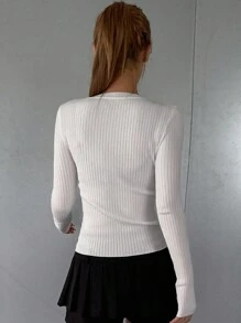 DAZY Women's Solid Color Minimalist Daily Wear Knitted Sweater, Long Sleeve Fall - White - View 3