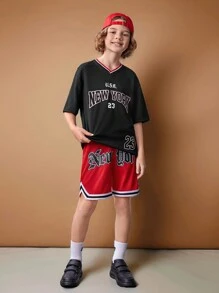 SHEIN 2pcs Tween Boy's Loose Casual Sports Letter Print T-Shirt And Shorts Set - Black - View 7