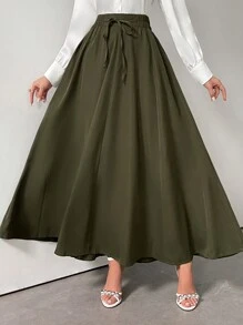 Modelyn 女士纯色系带半身裙，秋冬复古优雅风格，完美适用于商务/工作/鸡尾酒会/婚礼/日常/毕业典礼等场合。 - 軍綠色 - 查看 7