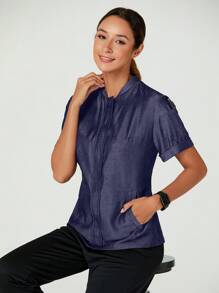 TaskEZ Bata de chef de manga corta con paneles laterales de malla técnica, 3 bolsillos, de estilo informal para el trabajo, para mujeres