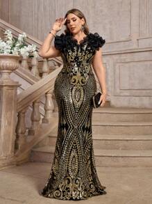 SHEIN Belle Vestido de noche elegante estilo cola de sirena con volantes y lentejuelas de champán de lujo de talla grande, vestido de graduación formal negro para invitada de boda, cena o fiesta - Negro - Ver 5