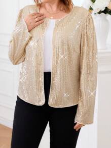 Plus Size Solid Color Sequin Patchwork Long Sleeve Jacket - Champagne - View 4