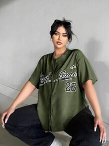 Flirla 大码前扣字母印花休闲夏季衬衫 - 軍綠色 - 查看 5