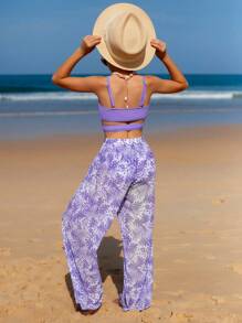 SHEIN Tween Girl 3pcs Bikini Set: Camisole Top, Wide Leg Pants And Allover Print Briefs Underwear Summer Beach, Bathing Suit - Purple - View 2