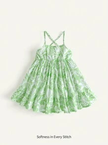 Cozy Pixies 女婴花卉印花束腰连衣裙 - 綠色 - 查看 1