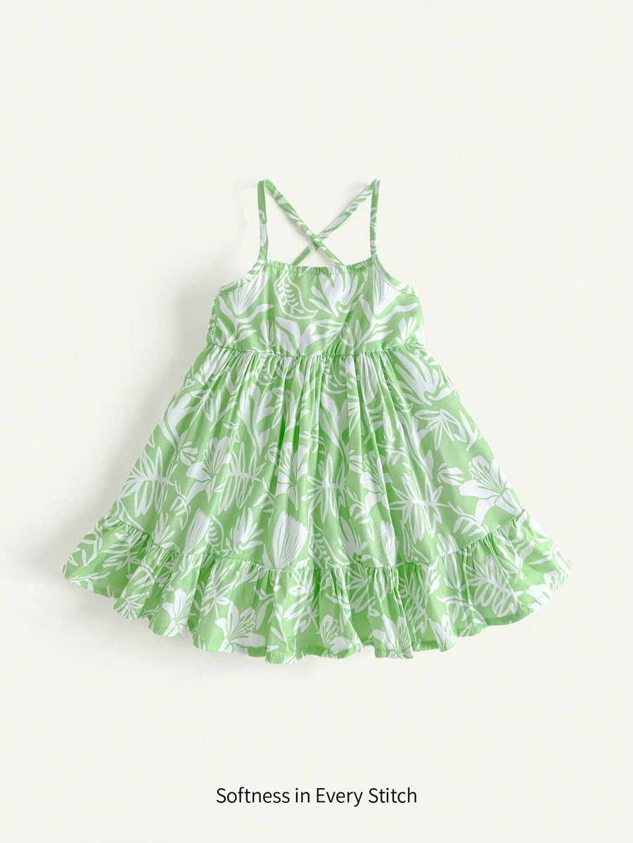 Cozy Pixies 女婴花卉印花束腰连衣裙 - 綠色 - 查看 1