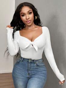 SHEIN SXY 红色罗纹针织上衣，方形领口和系带腰部，长袖 T 恤基本款 T 恤 - 紅色 - 查看 4