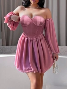 Zolique 缎面拼布性感露肩连衣裙 - 藕粉色 - 查看 4