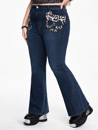 J-Fashion Große Größen Skinny Schlagjeans mit Leo Totenkopf Stickerei