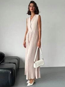 SHEIN Privé Women Elegant Vacation Office Casual Fashion Squareneck Pleated Waist Wide Leg Jumpsuit Without Belt Work Women - Apricot - View 6