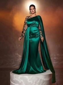 Glamrae Váy dạ hội thanh lịch bằng vải satin chắp vá màu xanh ngọc lục bảo cỡ lớn, thiết kế bất đối xứng, váy dạ hội trang trọng tay dài, dành cho khách dự tiệc cưới, tốt nghiệp, váy dự tiệc tối - Màu xanh lá cây đậm - Xem 6