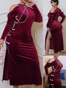 SHEIN Clasi Vestido de gala de talla grande con cuello tipo qipao, hombros descubiertos, manga larga y silueta ajustada con cola de pez - Burdeos - Ver 1