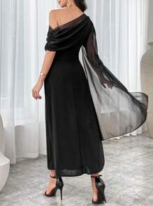 Modelyn Đầm Maxi Cổ Lưới Tương Phản Cho Nữ Trang Phục Dạ Hội Dài Vải Mùa Thu Cho Nữ - màu đen - Xem 2