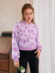 Teen Girls Elegant 3D Flower Decor Short Jacket - Purple - View 6