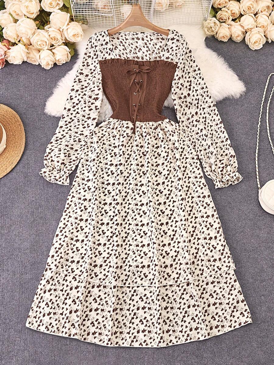 Omancia 女士随机印花腰带长袖简约休闲连衣裙长款女装 - 彩色 - 查看 1